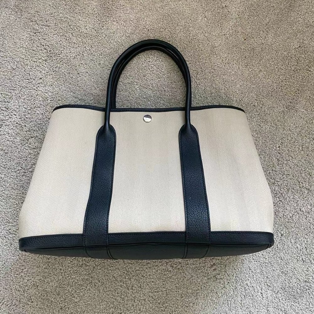 Authentic HERMES Garden party 30 Handbag Tote Bag Toile H/Buffel skipper Leather